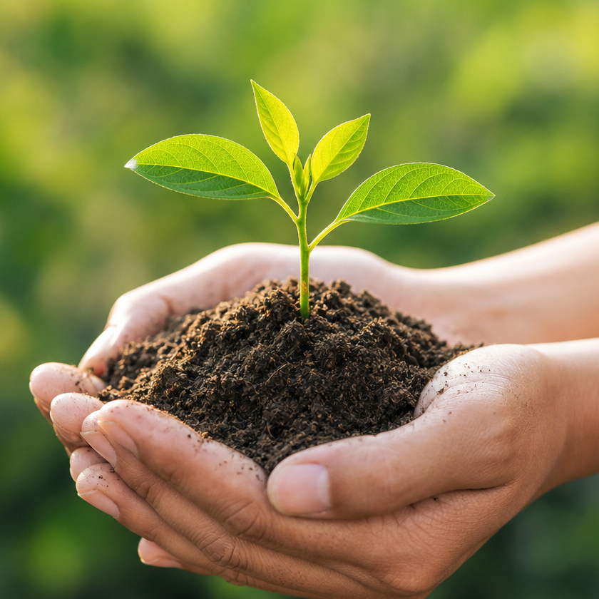 Hands holding soil with a young green seedling