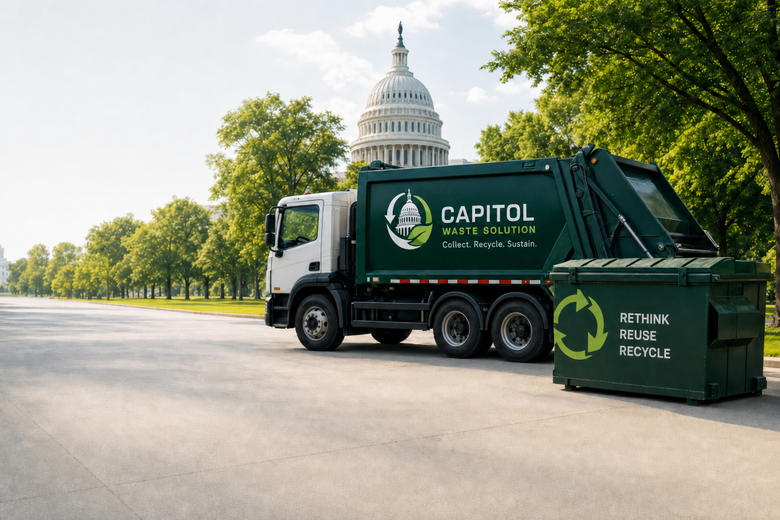 Capitol Waste Solutions truck and skip bin in front of the Capitol building